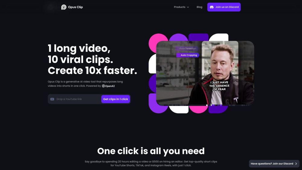 Opus Clip Ai website screenshot