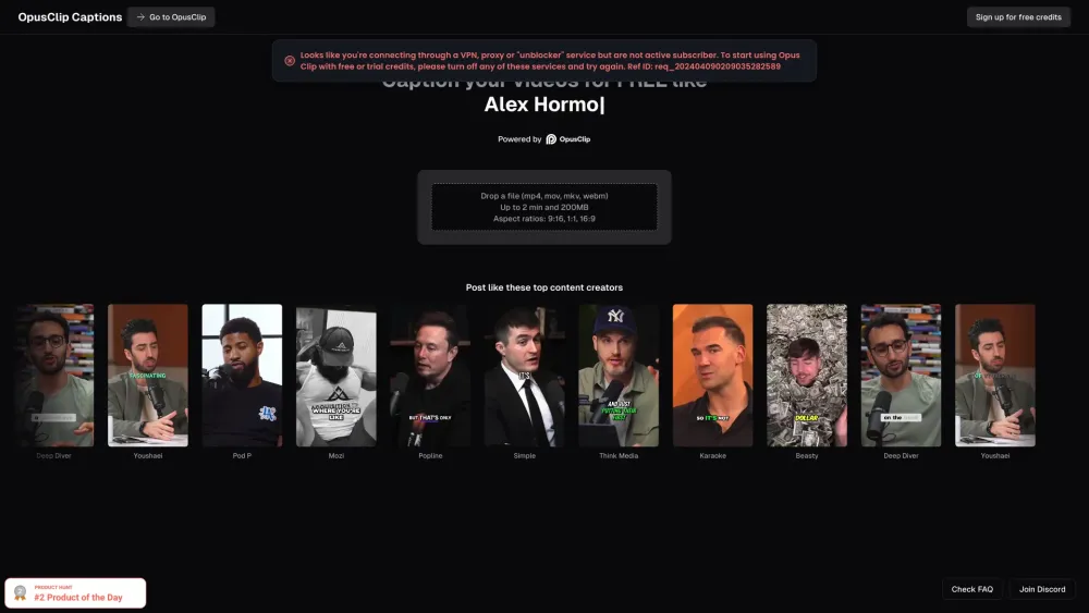 Opusclip Captions website screenshot
