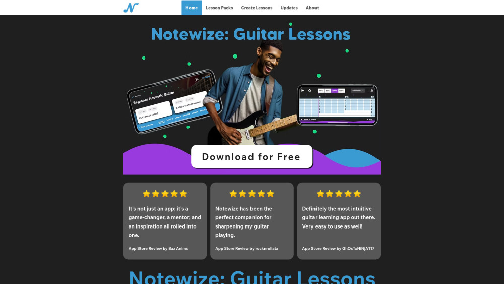 Notewize Guitar Lessons website screenshot
