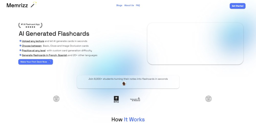 Memrizz Ai Flashcard Generator website screenshot