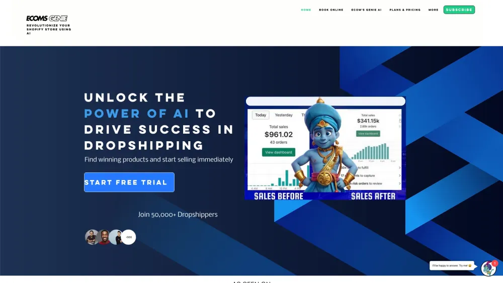 Ecoms Genie Ai website screenshot
