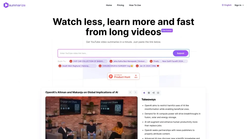 Summarize Youtube Video Summarizer website screenshot