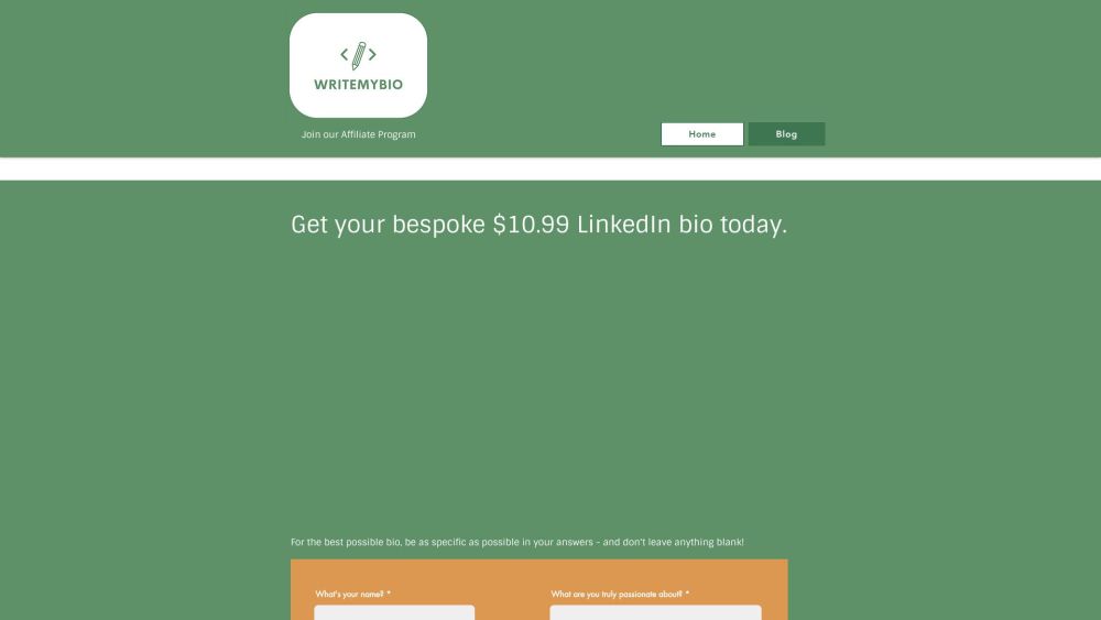 Writemybio website screenshot