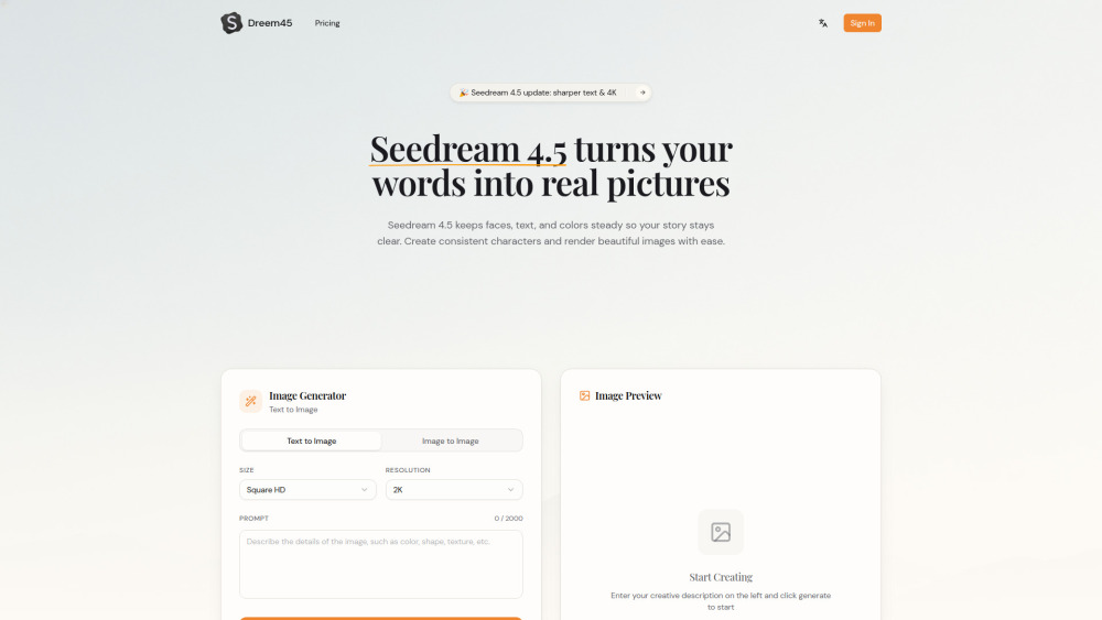 Seedream 4 5 website screenshot
