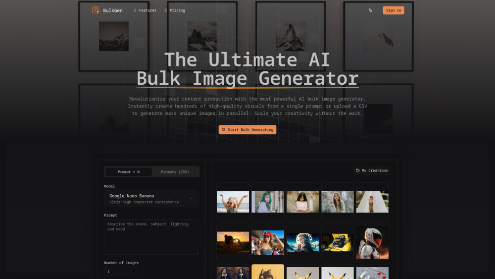 Ai Bulk Image Generator website screenshot