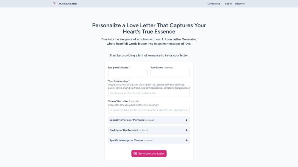 True Love Letter website screenshot