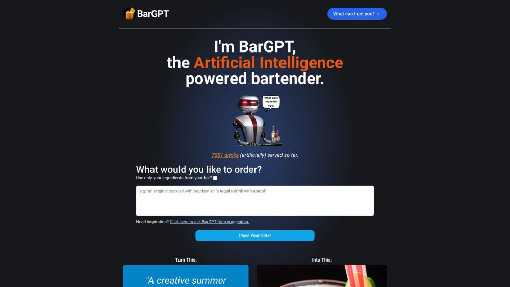 Bargpt Ai Powered Bartender website screenshot