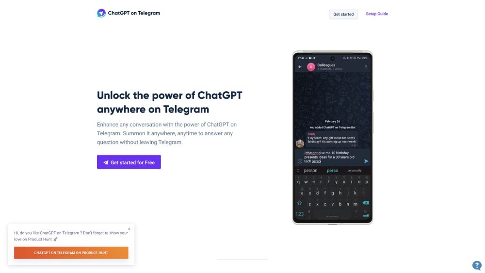 ChatGPT on Telegram website screenshot