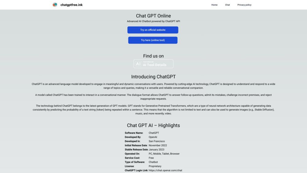 Chatgptfree website screenshot