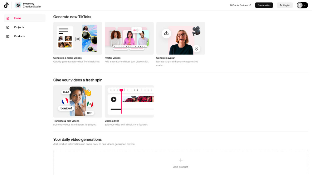 Tiktok Symphony Creative Studio website screenshot