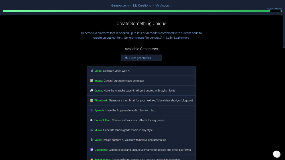 Generor website screenshot