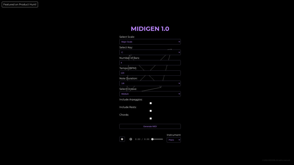 Midigen Melody Generator website screenshot