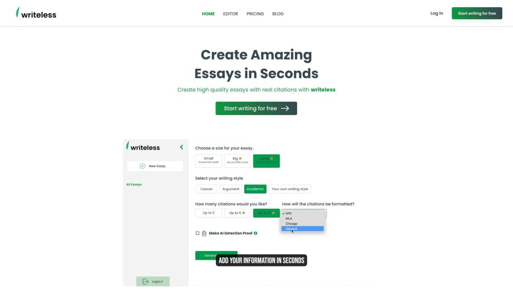 Writeless Ai website screenshot