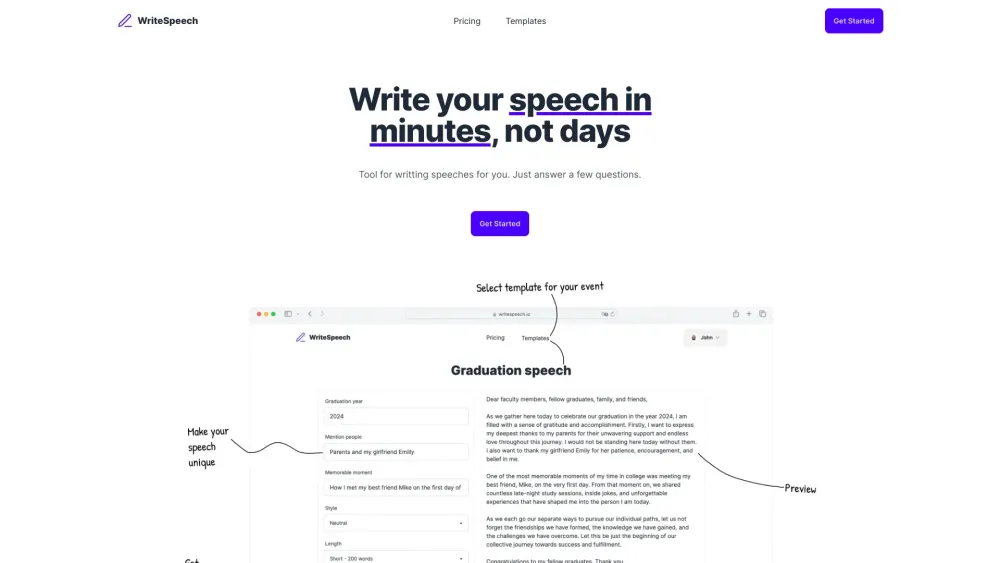 Writespeech website screenshot