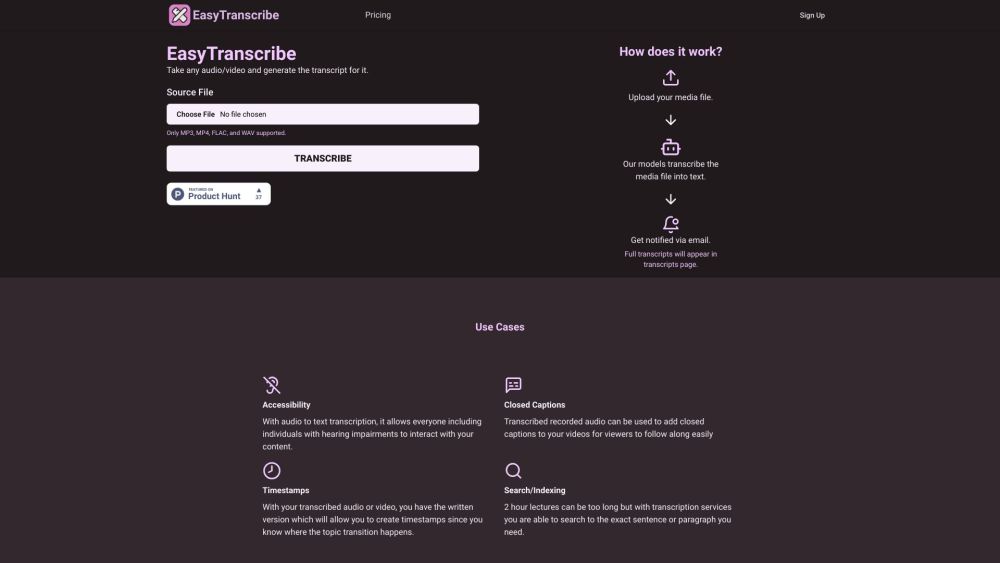 EasyTranscribe website screenshot