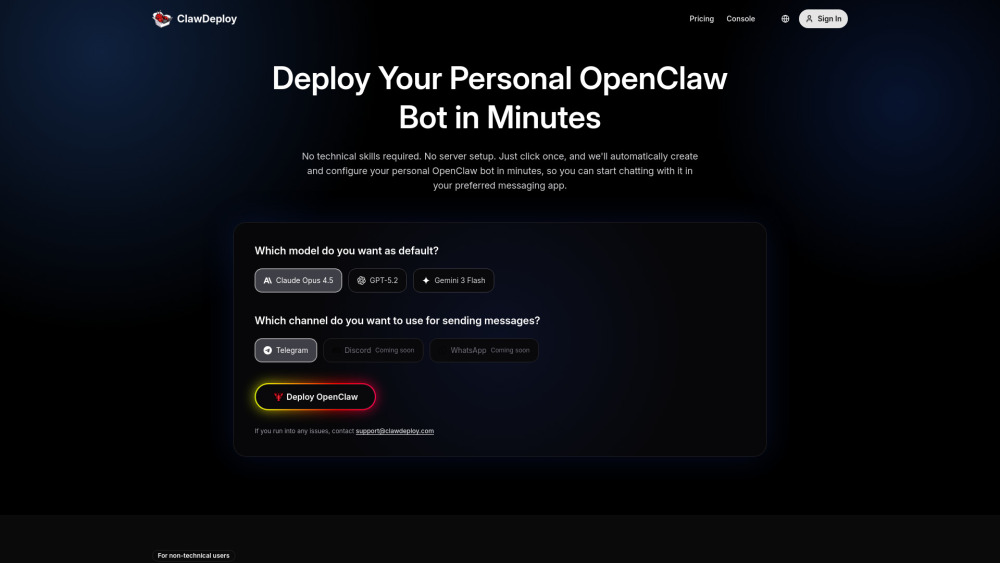 Clawdeploy Ai website screenshot