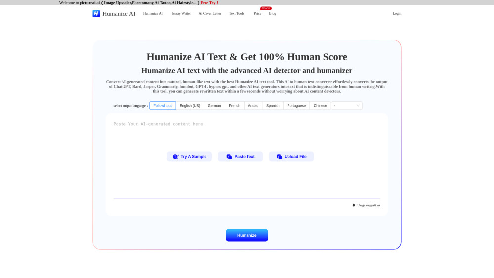 Humanize AI website screenshot