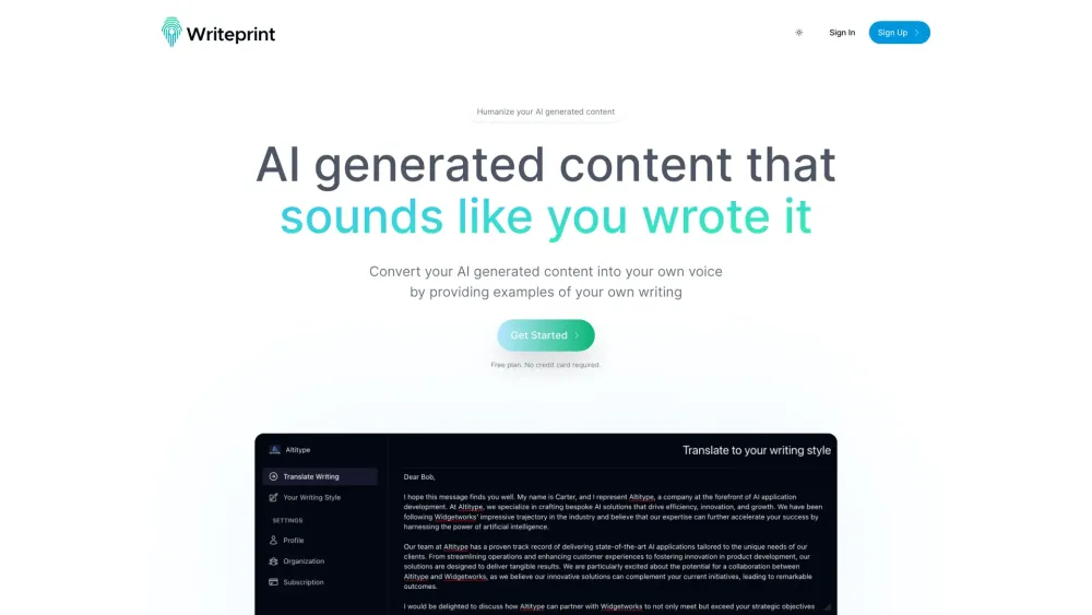 Writeprint Ai website screenshot