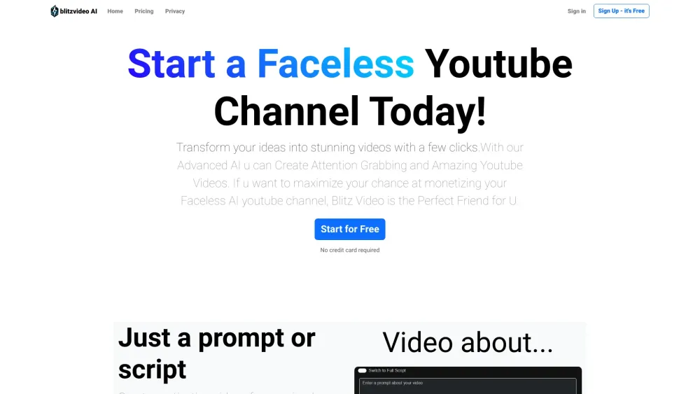 Blitzvideo Ai website screenshot