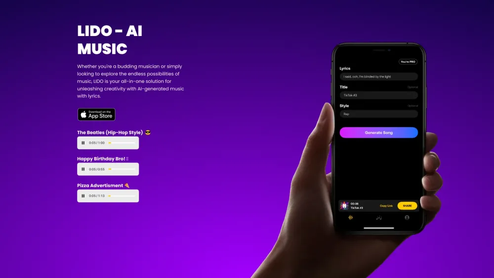 Lido Ai Music Generator website screenshot