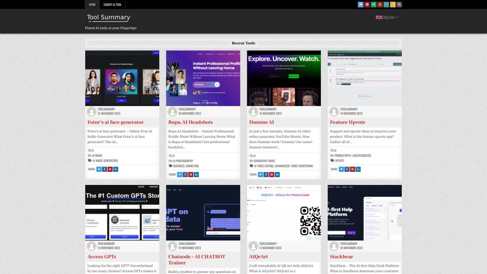 Toolsummary website screenshot