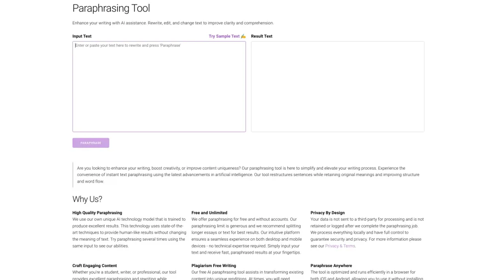Paraphrasing website screenshot