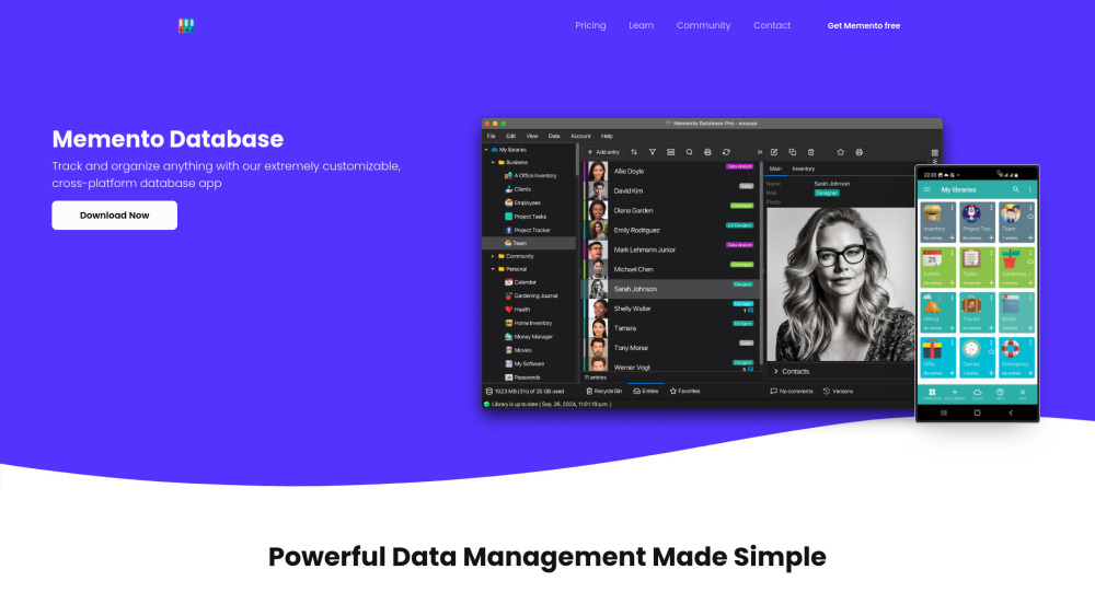 Memento Database website screenshot