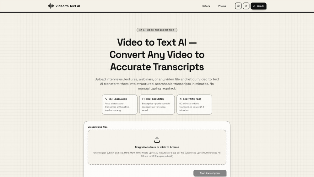 Video To Text Ai website screenshot