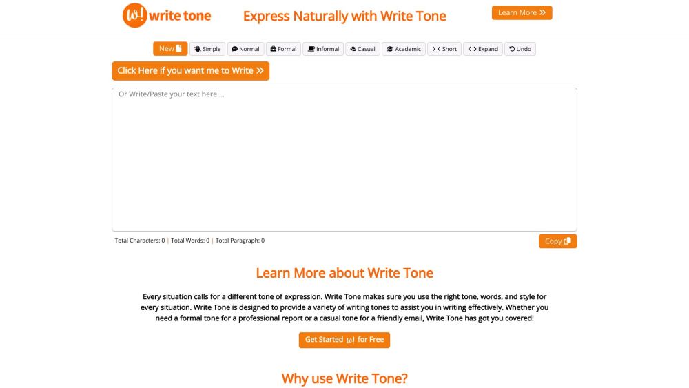 Write Tone website screenshot