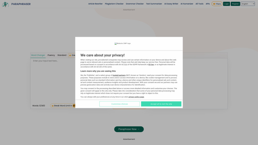 Paraphraser Io website screenshot