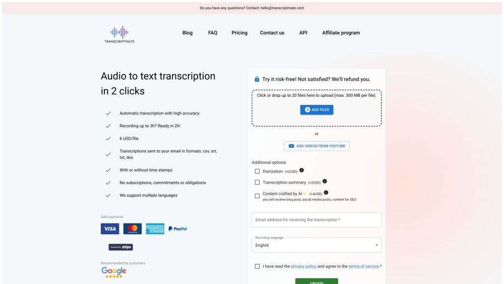 Transcriptmate website screenshot