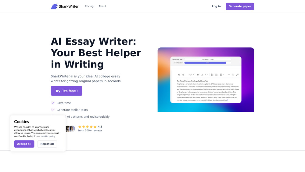 Sharkwriter Ai website screenshot