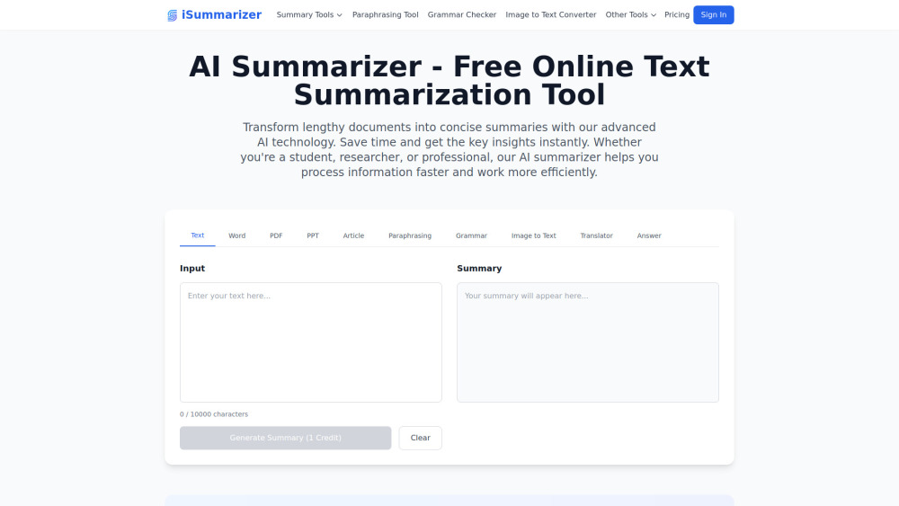 Isummarizer website screenshot
