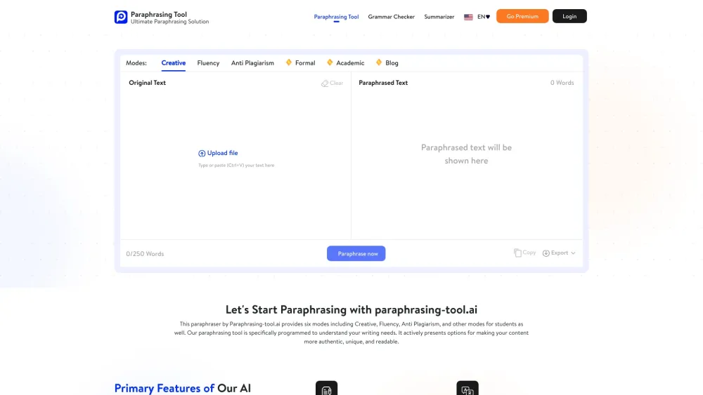 Paraphrasing Tool AI website screenshot