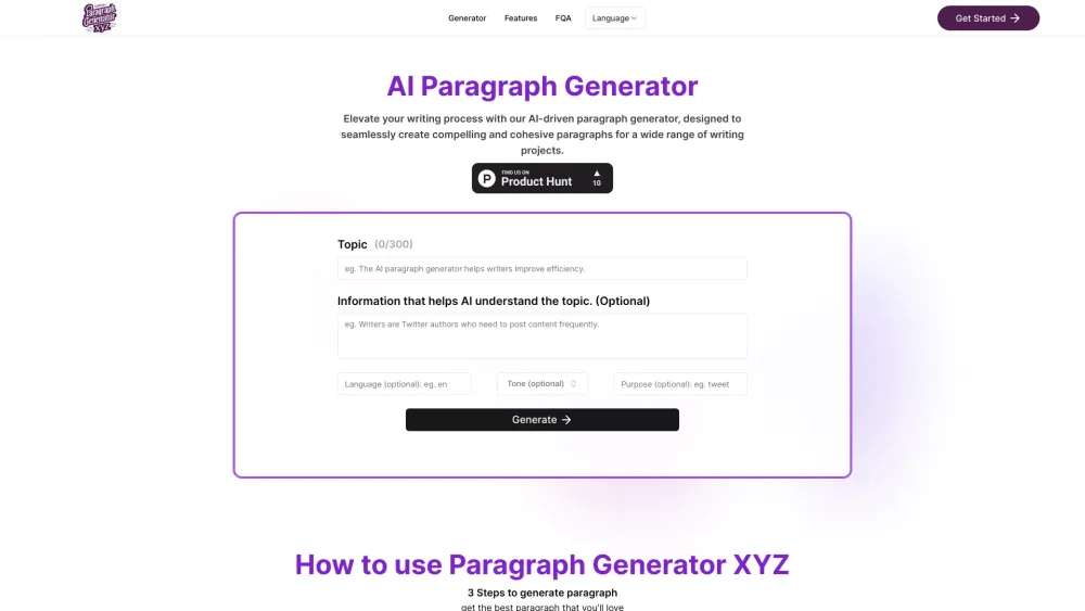 Paragraph Generator AI website screenshot