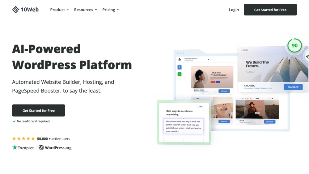 10Web website screenshot