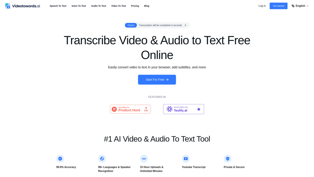 VideoToWords AI website screenshot