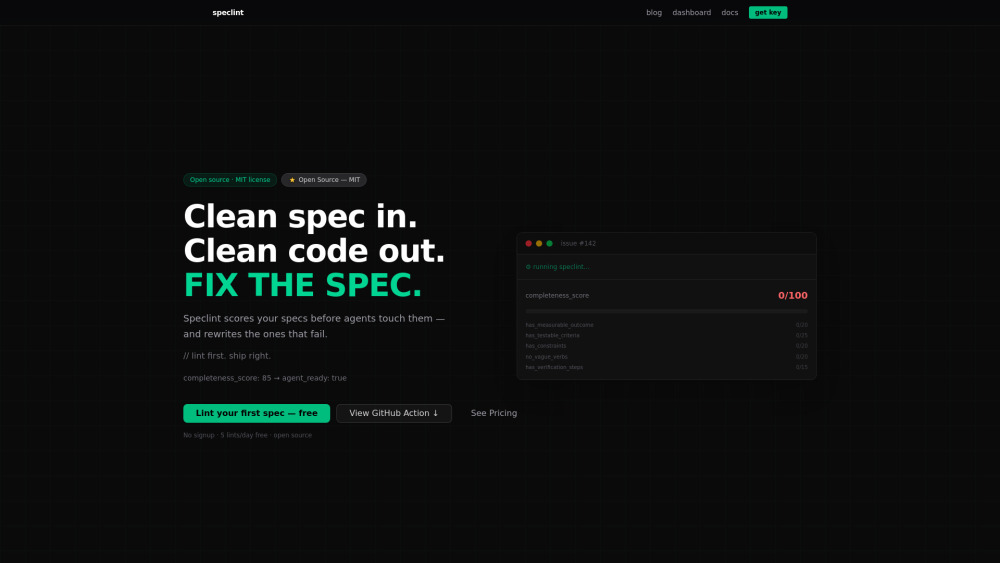 Speclint website screenshot