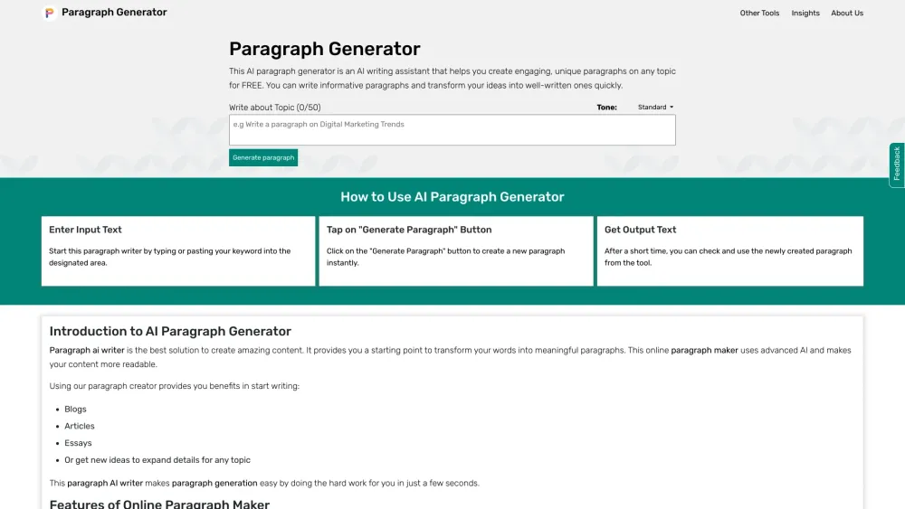 Paragraph Generator website screenshot