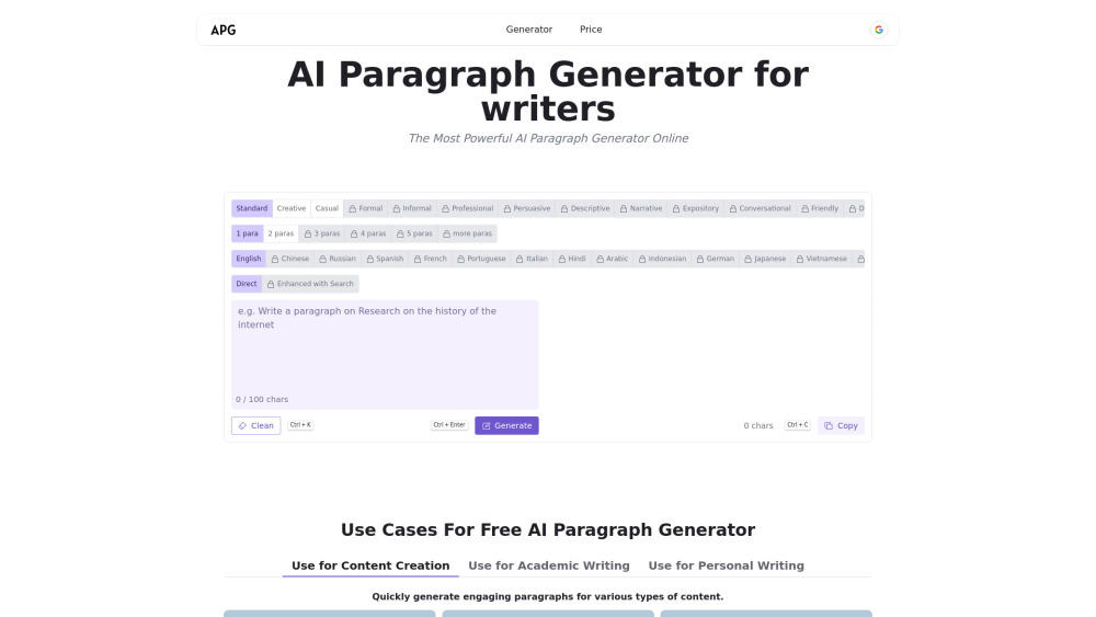 Ai Paragraph Generator website screenshot