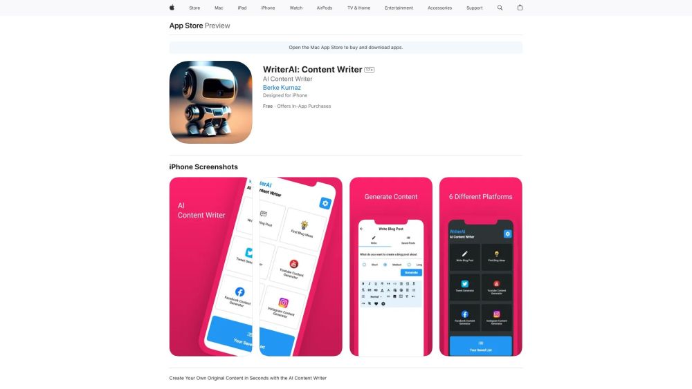 Writerai Content Writer website screenshot
