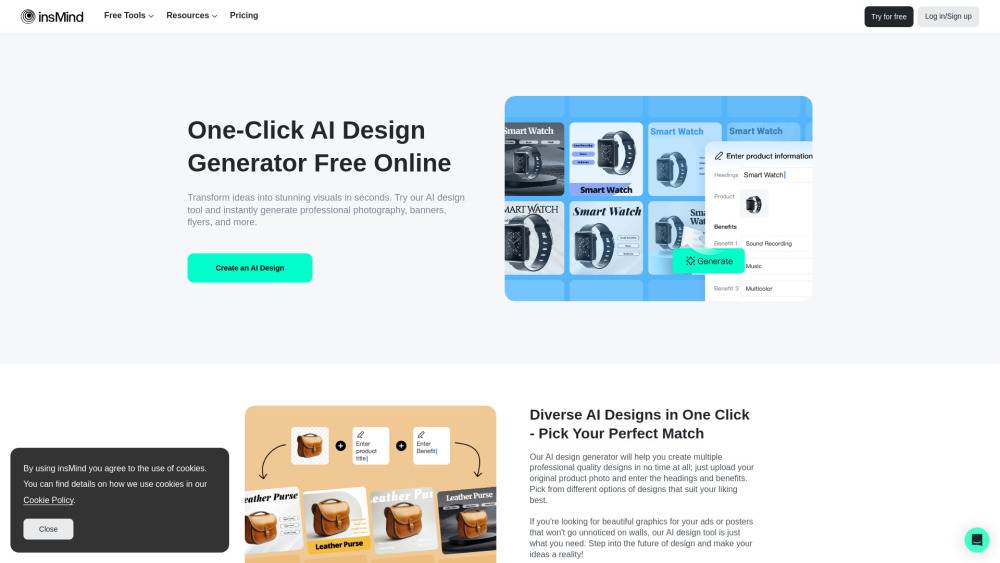 Insmind Ai Design Generator website screenshot