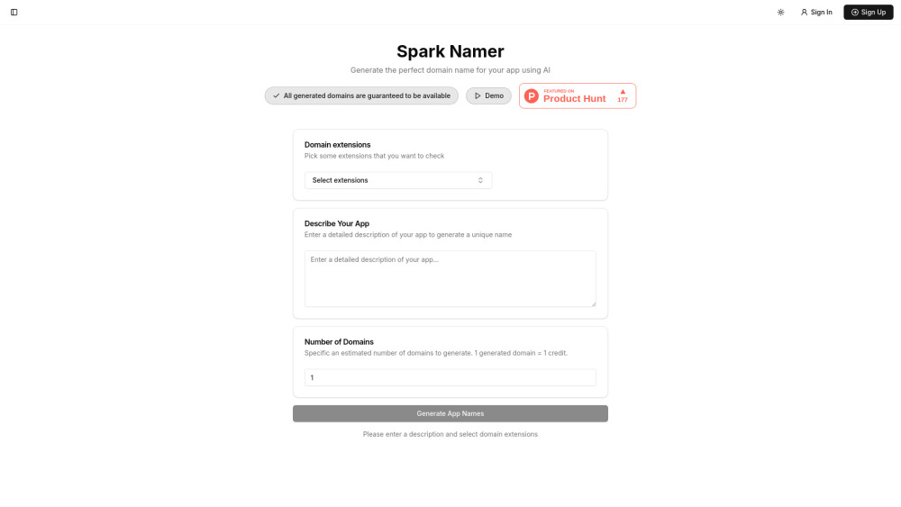 Spark Namer website screenshot