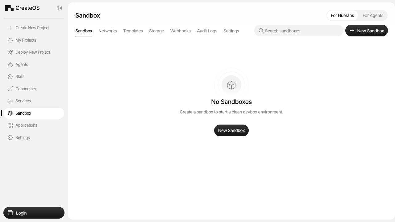 CreateOS Sandbox website screenshot