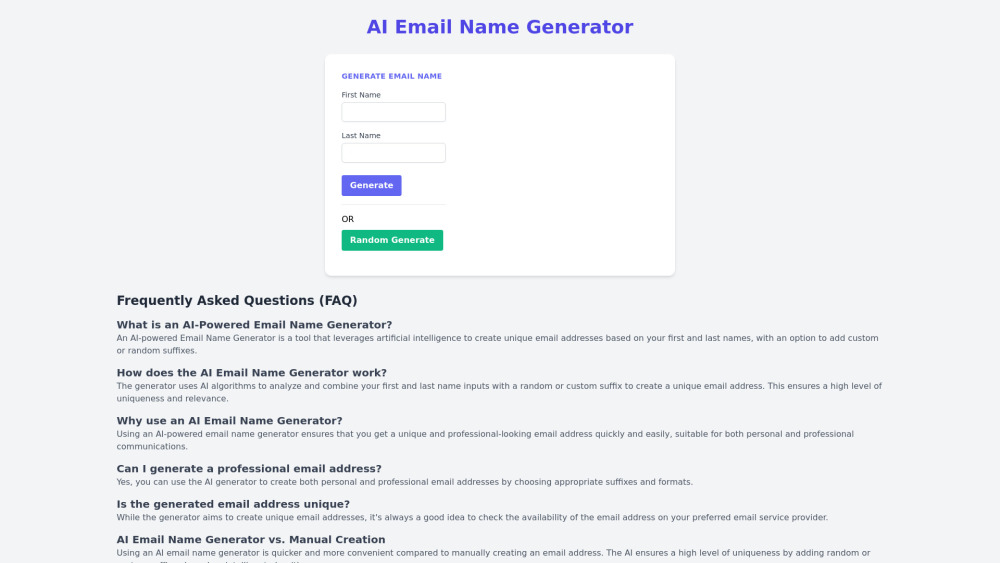 The AI Email Name Generator website screenshot