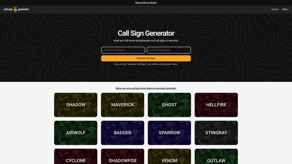 Call Sign Generator website screenshot
