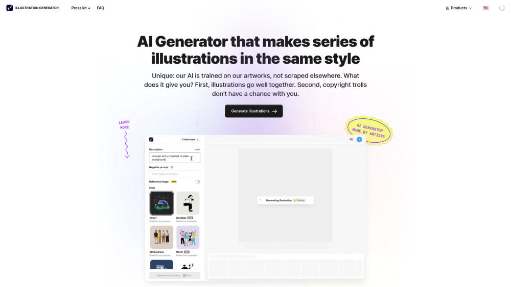 AI Illustration Generator website screenshot