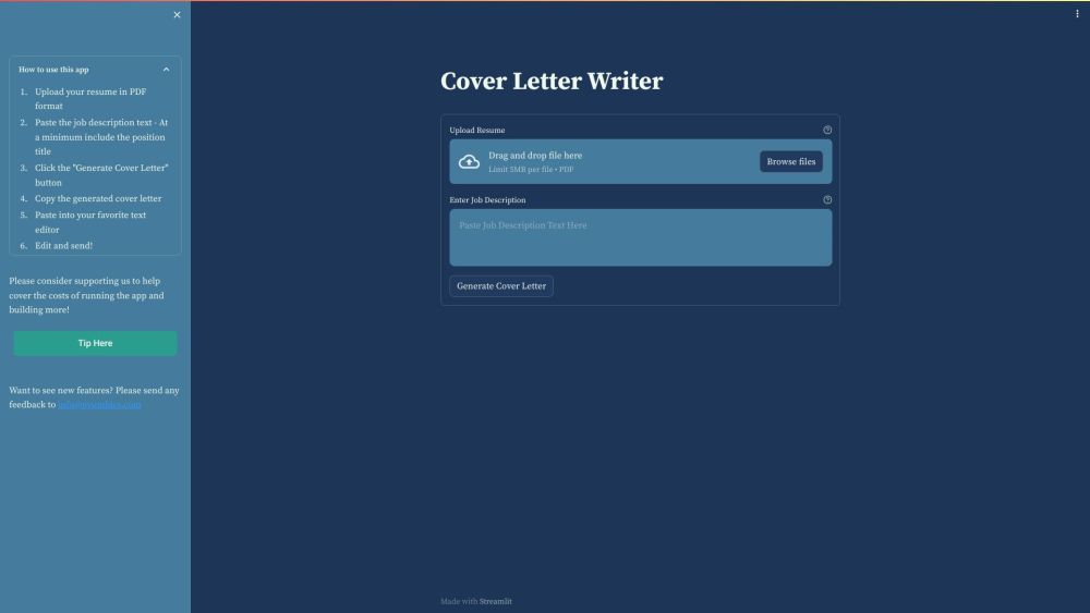 Cover Letter Writer website screenshot