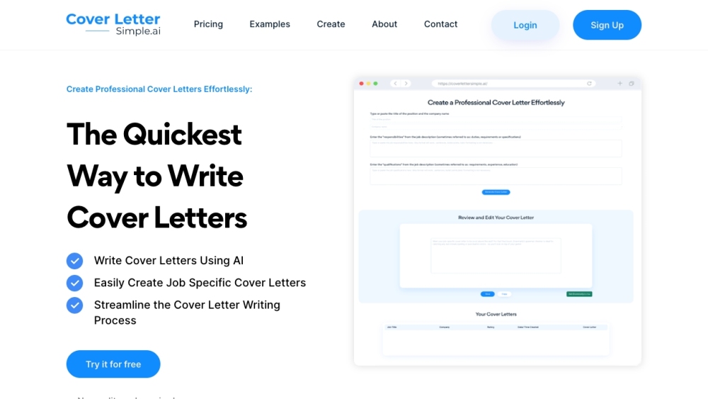 Coverlettersimple Ai website screenshot
