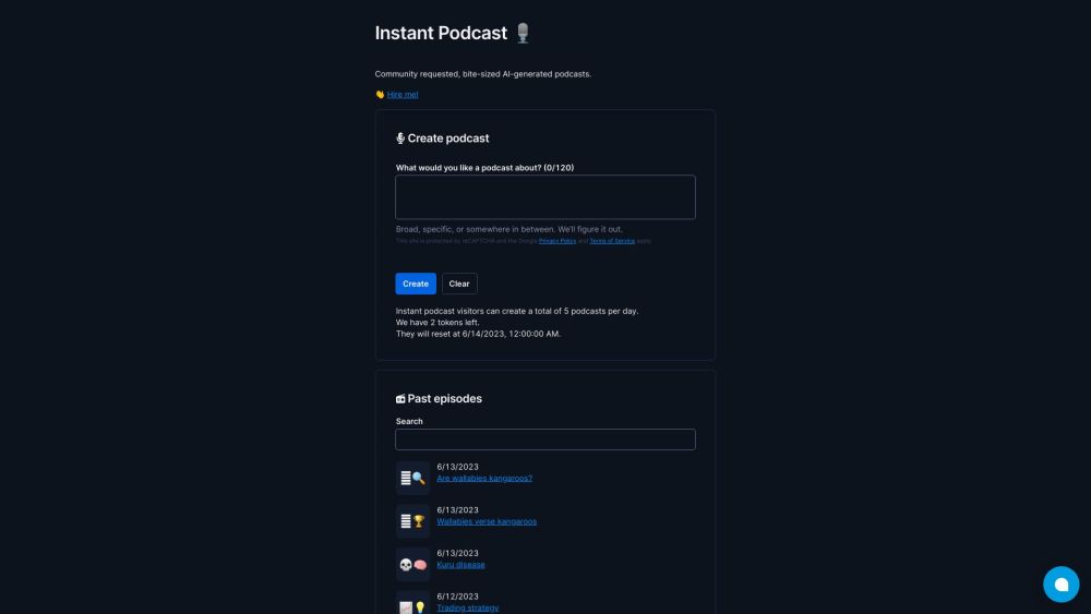 Instant Podcast website screenshot